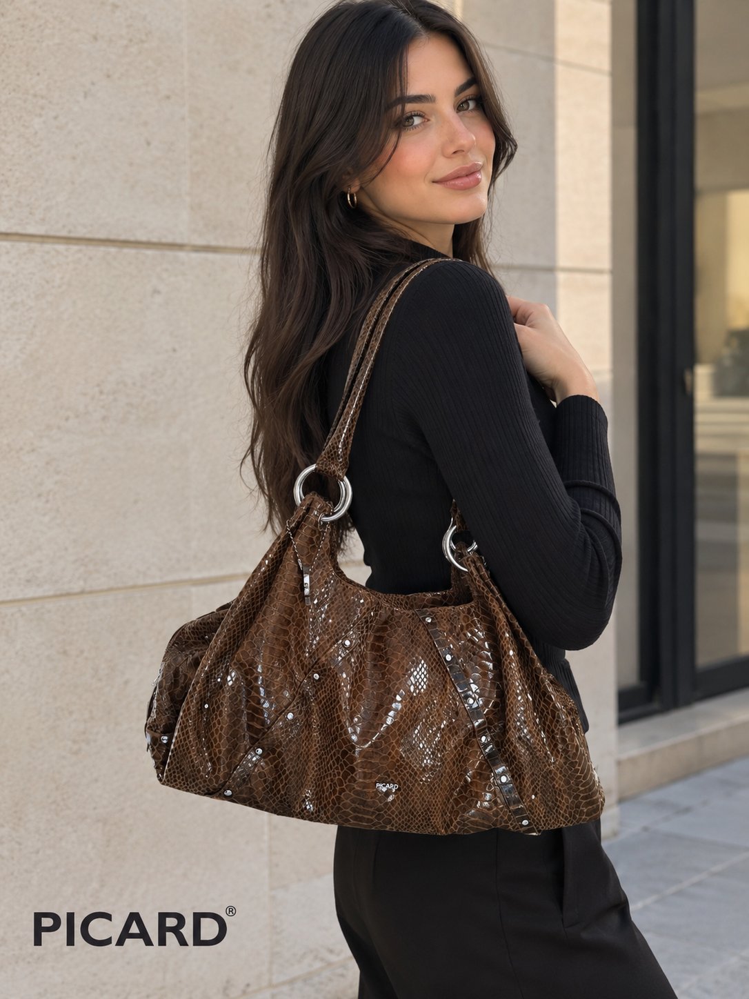 Sac à main PICARD marron effet peau de serpent – Élégant & chic