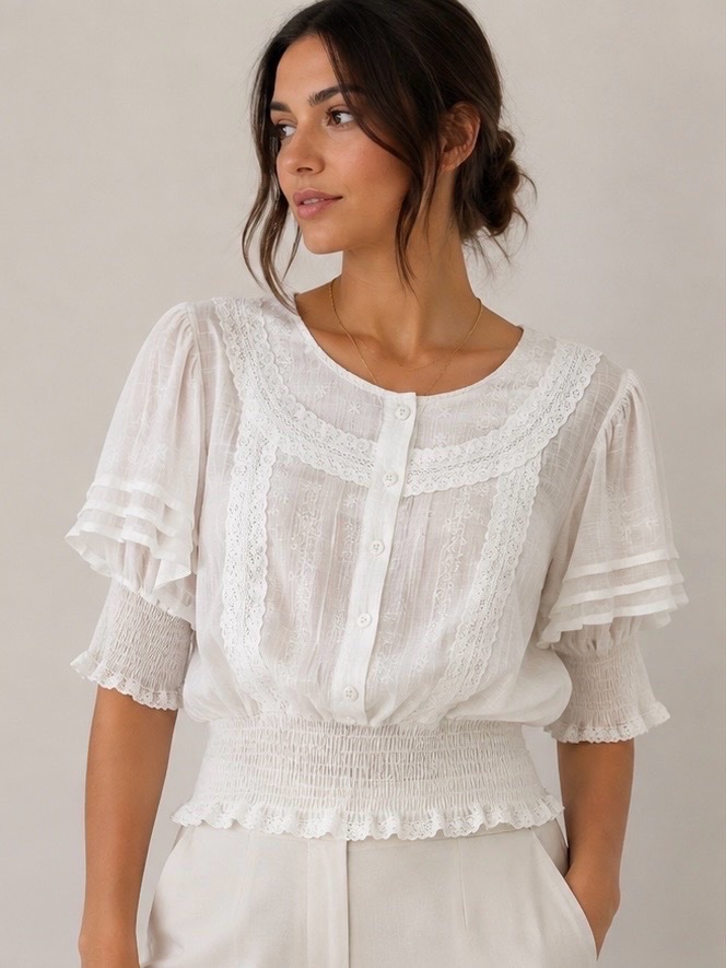 Blouse blanche romantique en dentelle – Taille 42