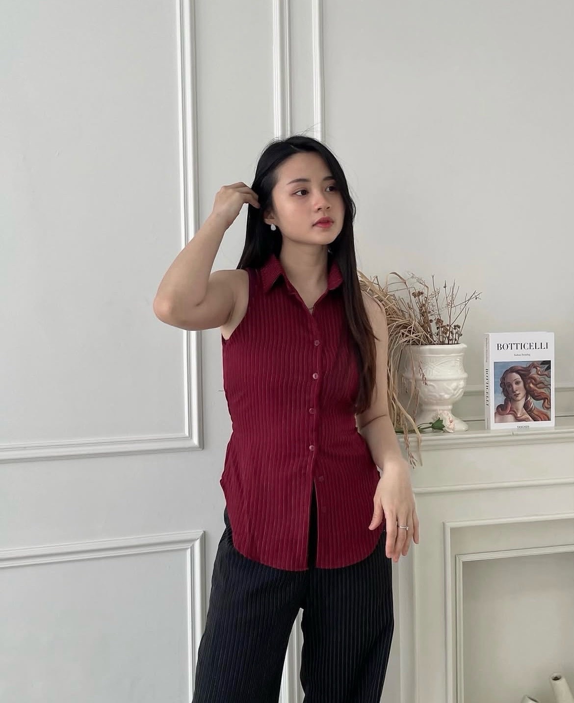 : Top sans manches bordeaux plissé – Coton élastiqué, Taille 40/42