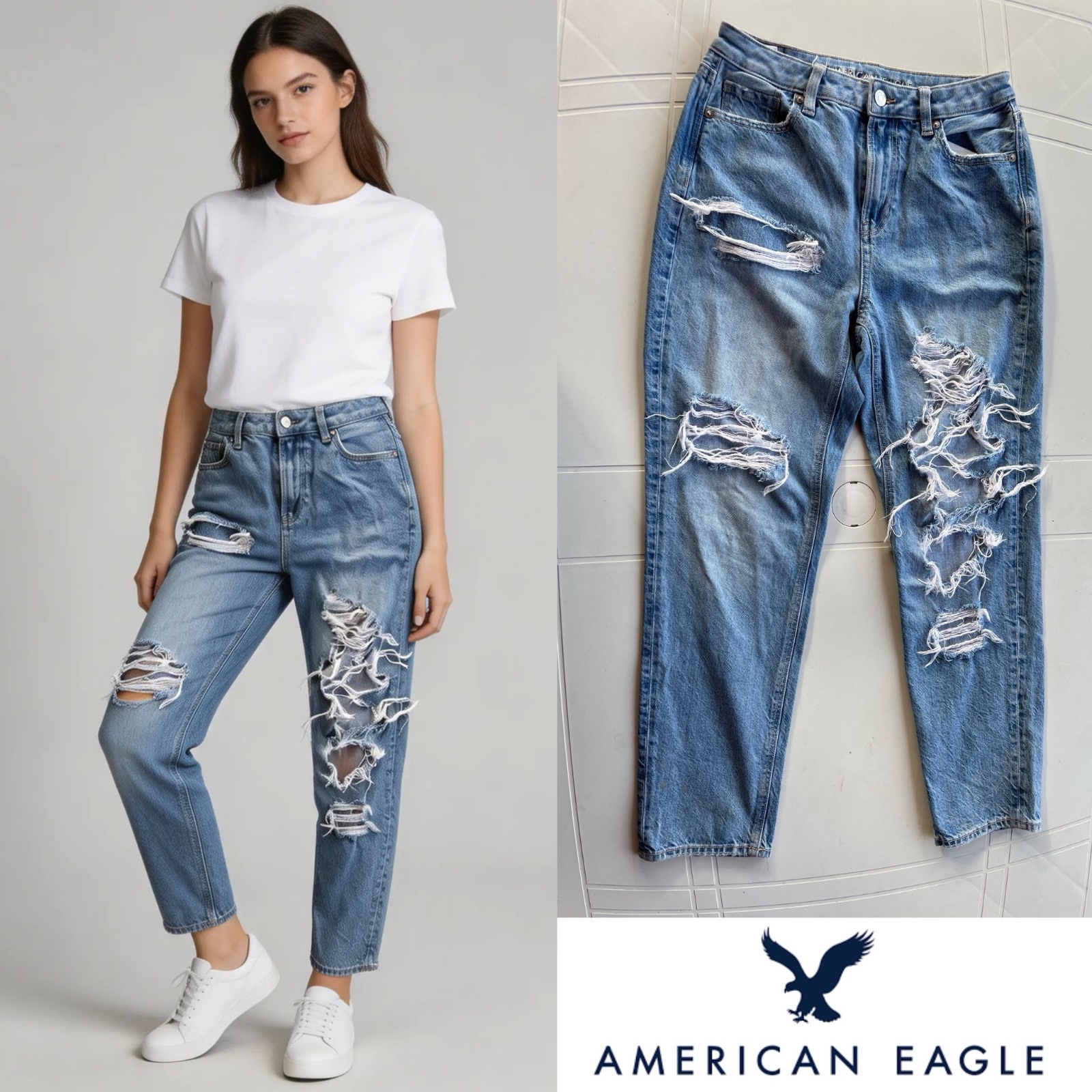 Jean American Eagle - Mom jean bleu clair déchiré - US 4 regular FR 36 EU 38
