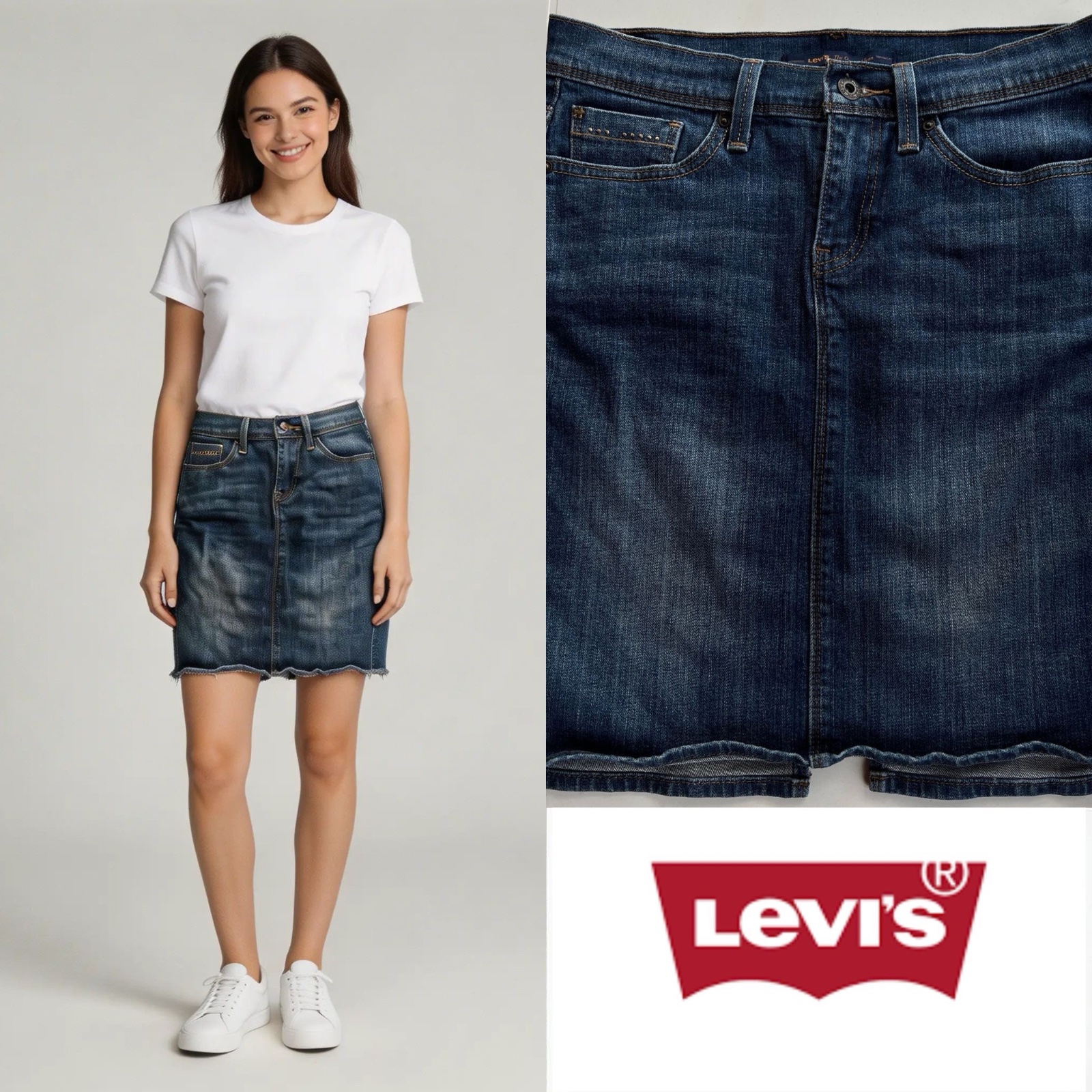 Jupe Levi's en Jean Femme – 99% cotton - Taille Waist 38 cm , Taille Haute, Ourlet Effiloché, Denim Bleu Foncé Vintage Authentique