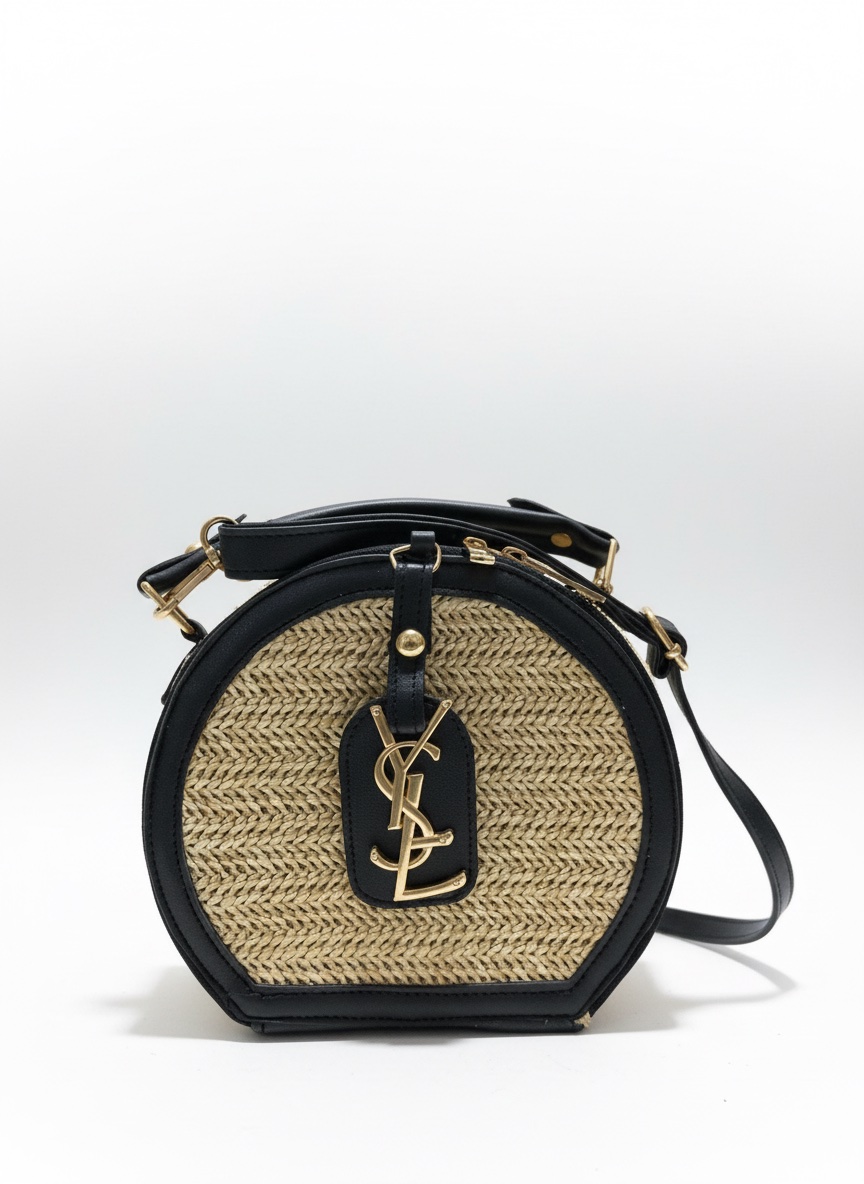 Sac à main rond en paille noir et beige