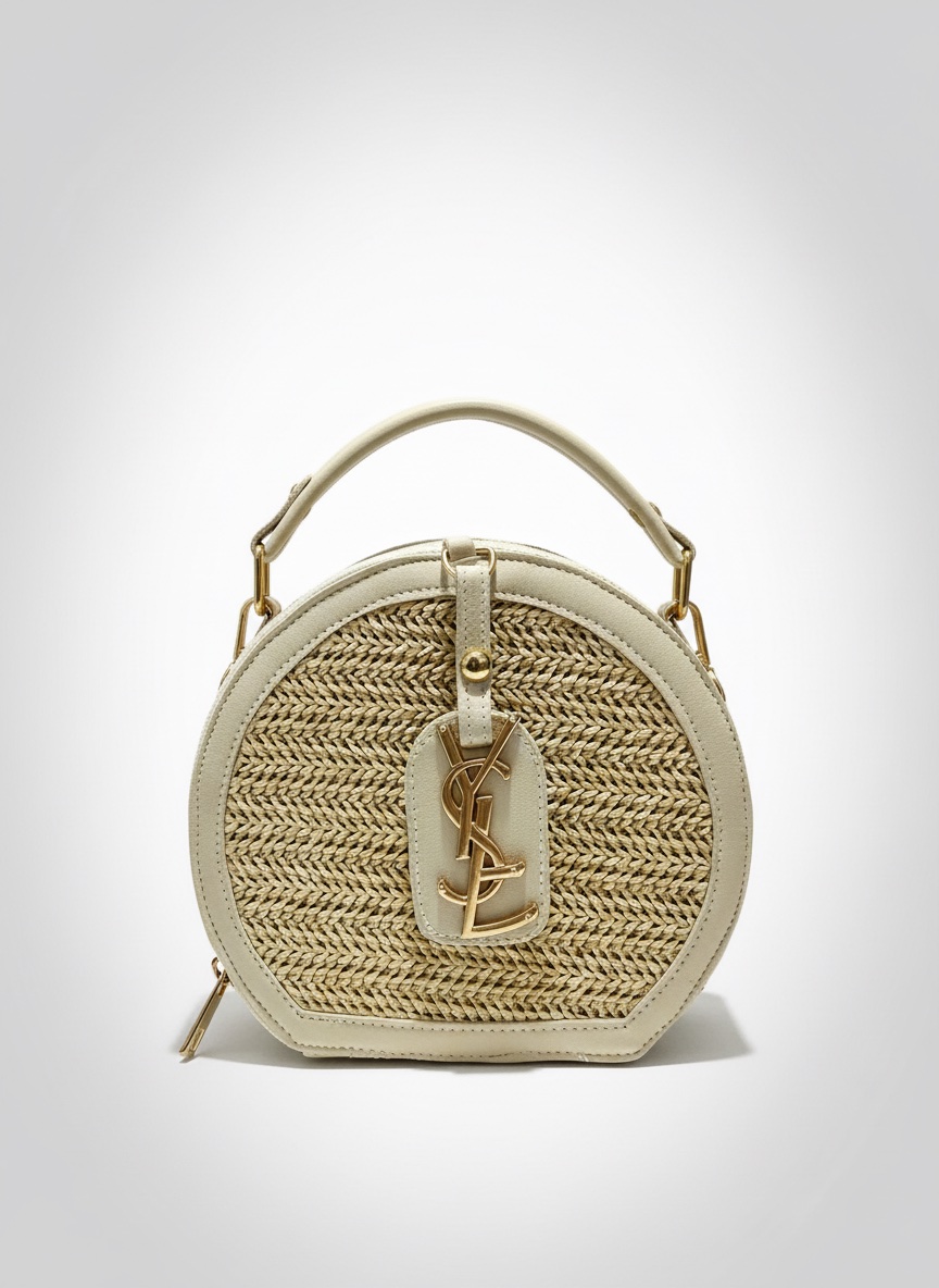 Sac à main rond en paille blanc et beige