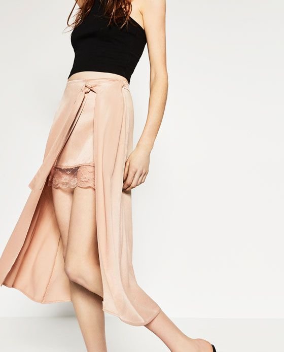 ZARA | SKIRTS | ZARA BLUSH SATIN WRAP MIDI SKIRT LACE MINI LINED 