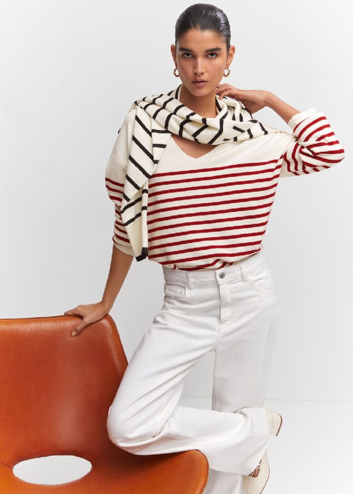MANGO KNIT V-NECK SWEATER PULLOVER JUMPER STRIPE WITH RED PUTUH MERAK _ WOMEN