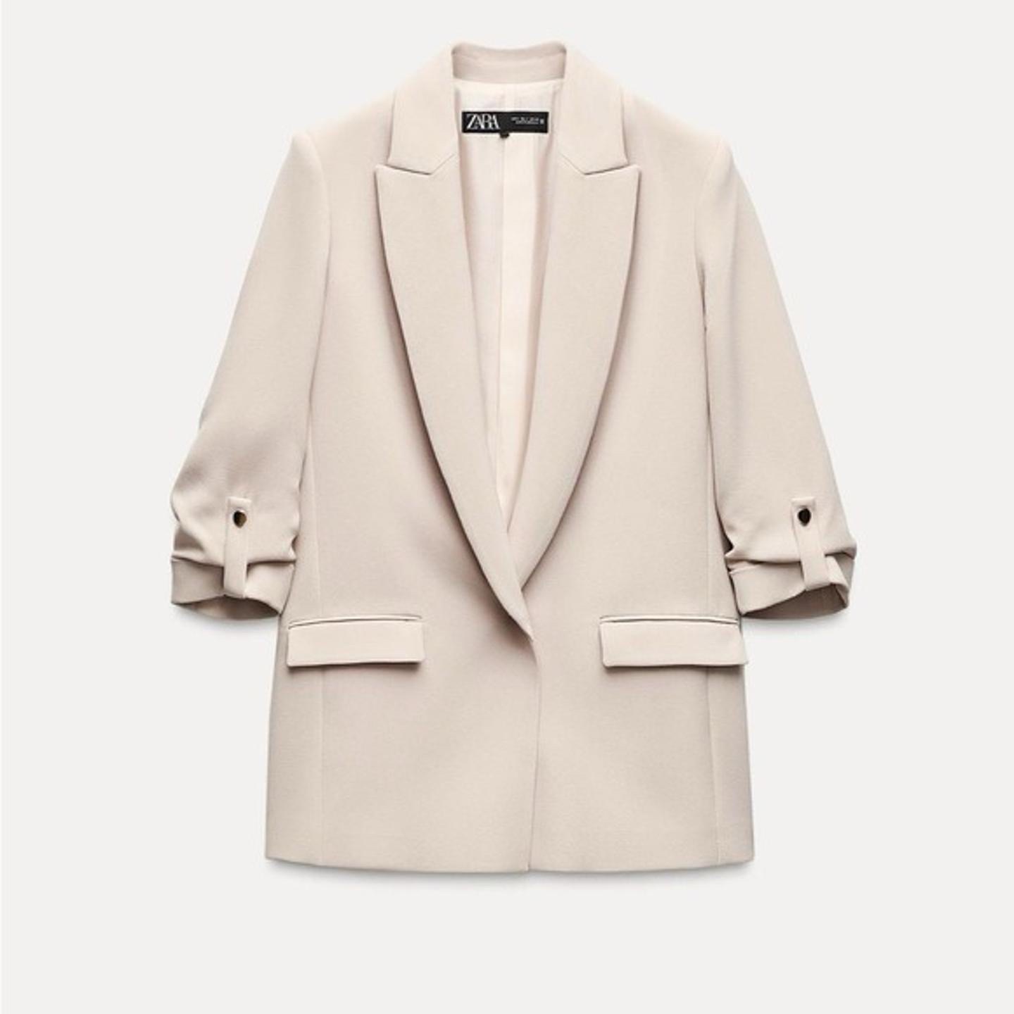 Zara Sand Open Front Blazer with Rolled-Up Sleeves 