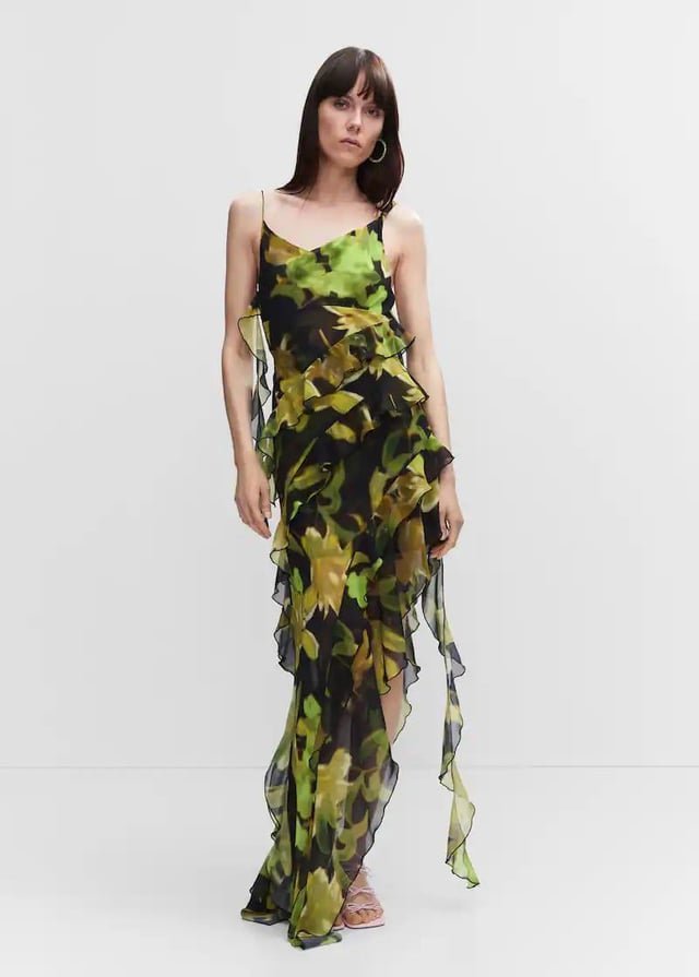 MANGO GREEN AND BLACK ASYMMETRIC RUFFLED DRESS NWT 