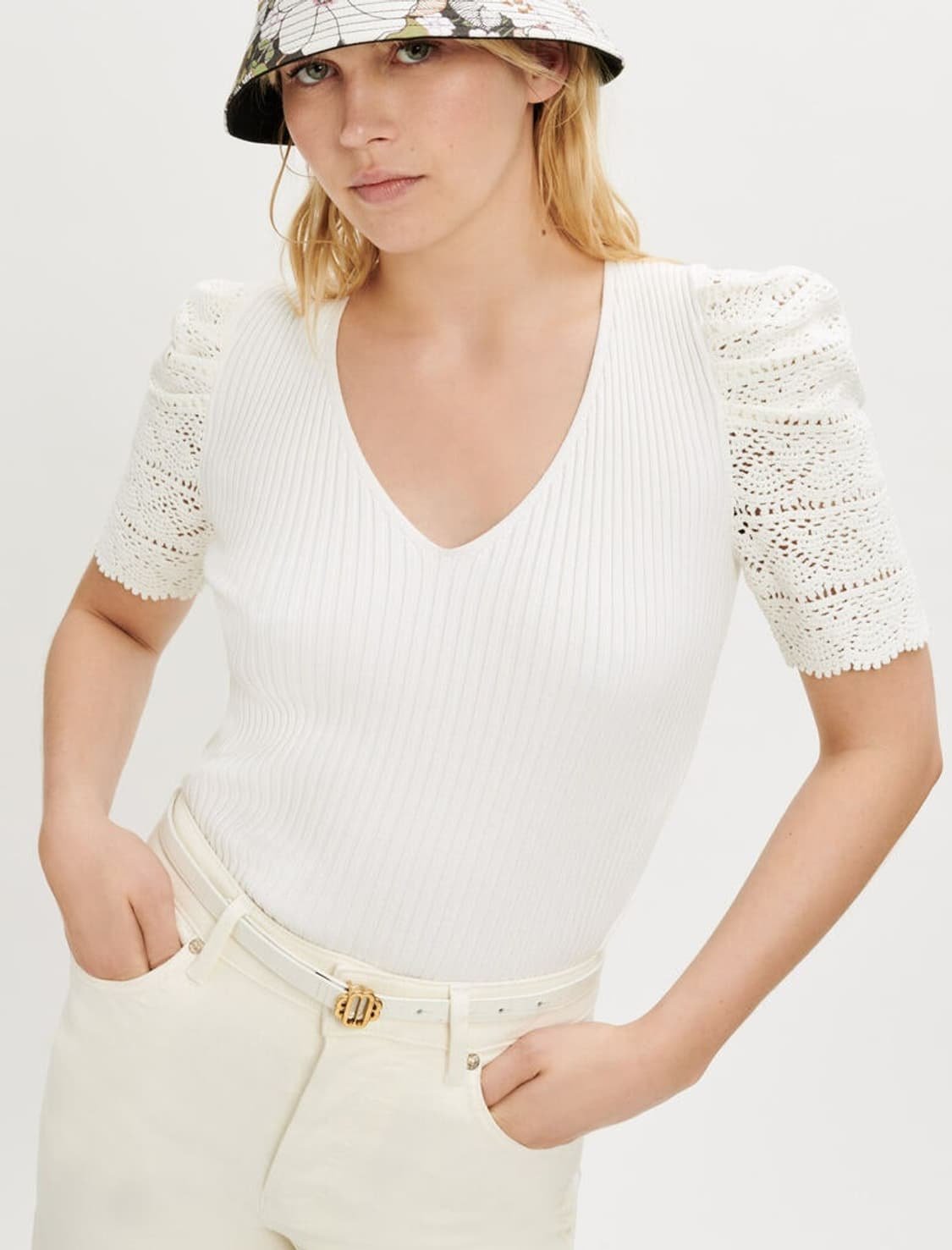 MAJE | IBIZA COLLECTION MONTELO CROCHET SLEEVES RIB KNIT SWEATER