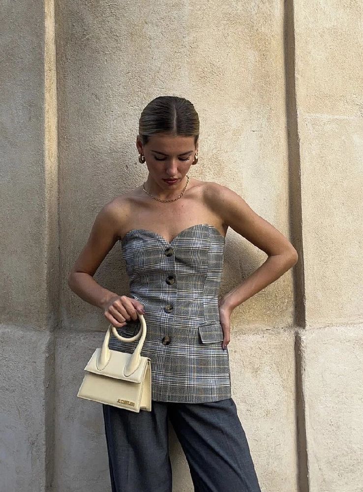 ZARA | ZARA PLAID BUSTIER SWEETHEART TOP TAUPE / BRWON