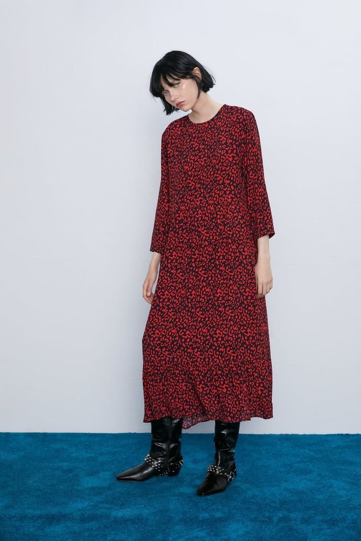 ZARA RED LÉOPARD TENT RUFFLE HEM MIDI DRESS