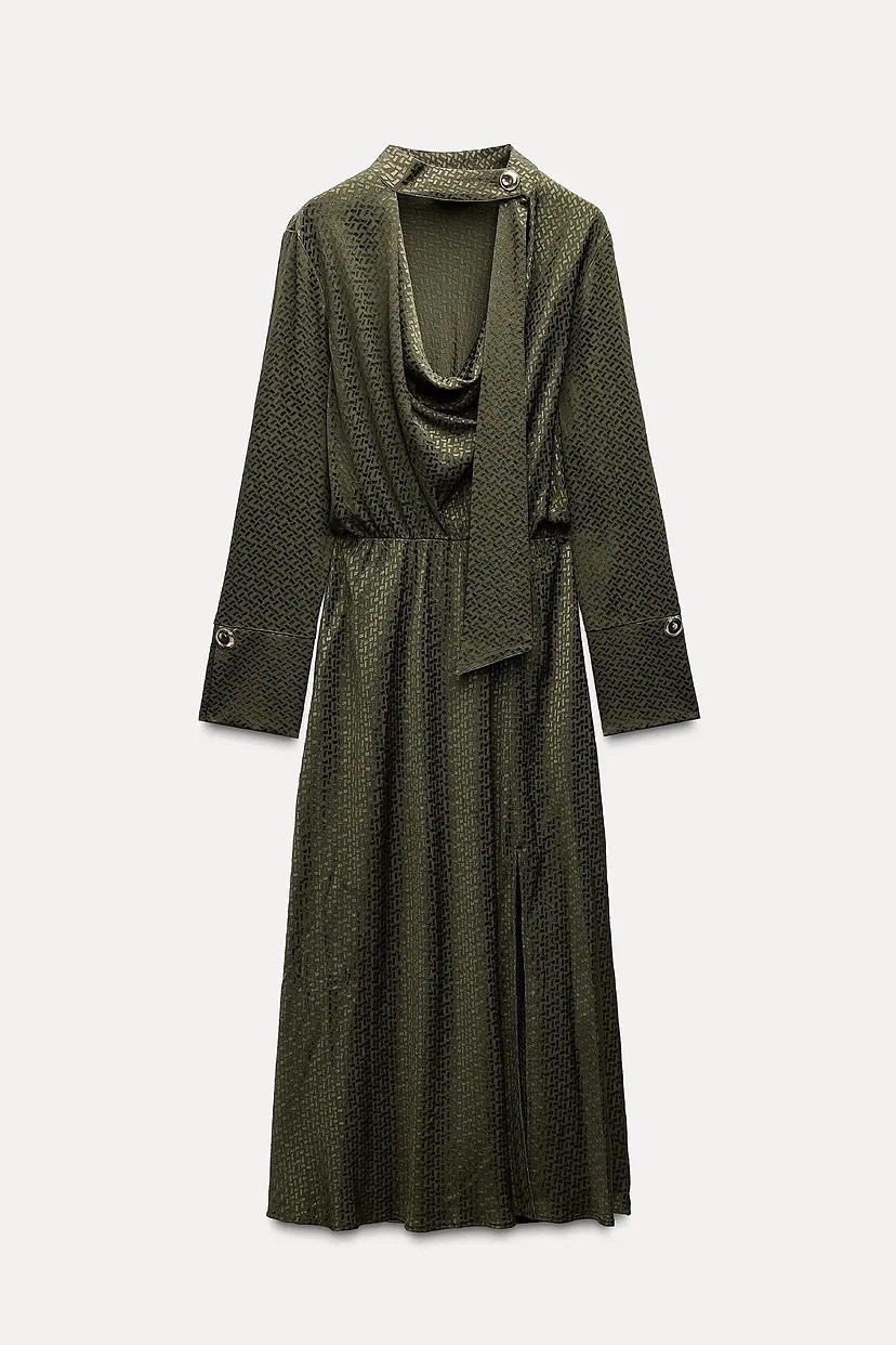 ZARA OLD MONEY JASUARD OLIVE GREEN MIDI DRESS DETAILS BOUTONS DORÉS 