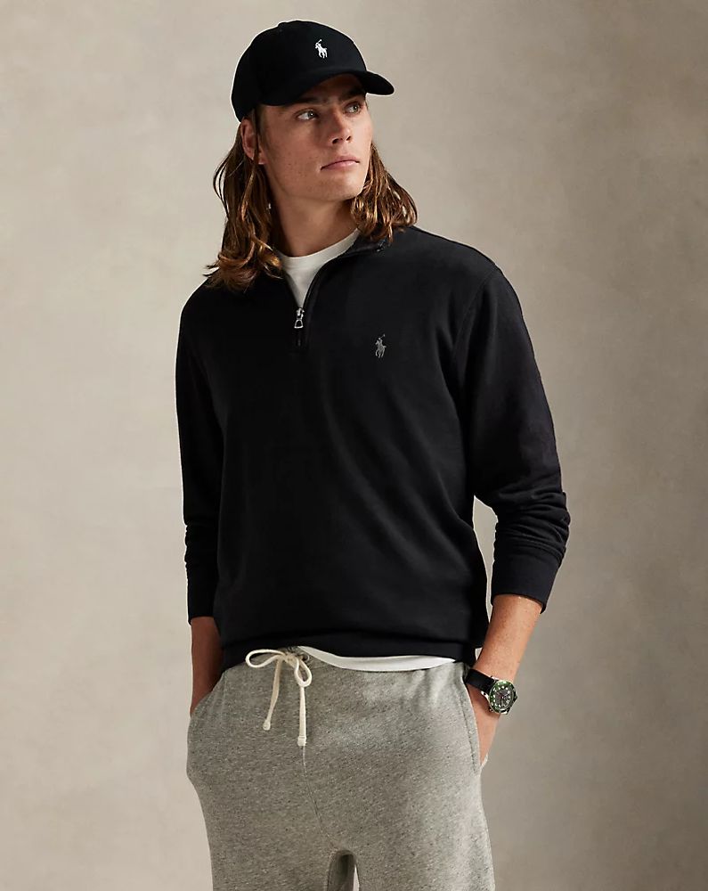 POLO RALPH LAUREN AUTHENTIQUE | LUXURY JERDEY QUARTER-ZIP PULLOVEF - SWEATSHIRT - BLACK - AUTHENTIQUE
