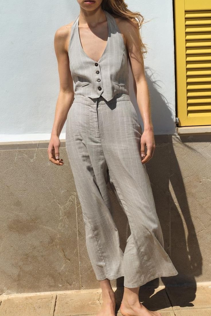 ZARA | ZARA STRIPED LINEN BLEND HALTER JUMPSUIT 