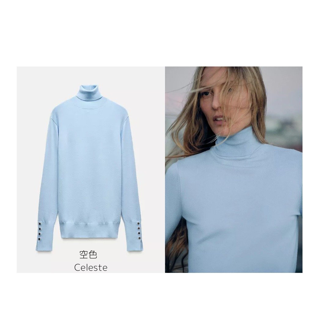 ZARA | PULL ZARA BASIC À COL ROULÉ COULEUR CÉLESTE AVEC DÉTAILS BOUTONS GOLD