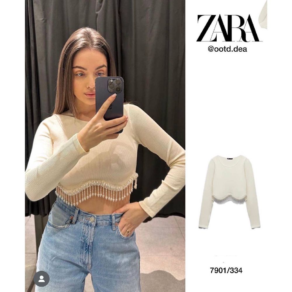 ZARA | ZARA CONTOUR BEIGE LOGSLEEVES TOP RHINESTONES DECORATED 