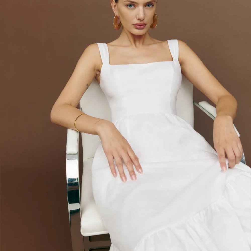 REFORMATION BUCATINI WHITE LINEN MIDI DRESS