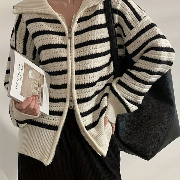 SIXSR LONG SLEEVE STRIPED CARDIGAN _ ZIP UP CASUAL SWEATER WOMEN'S COLTHING- MIXED COLOUR | ONE SIZE