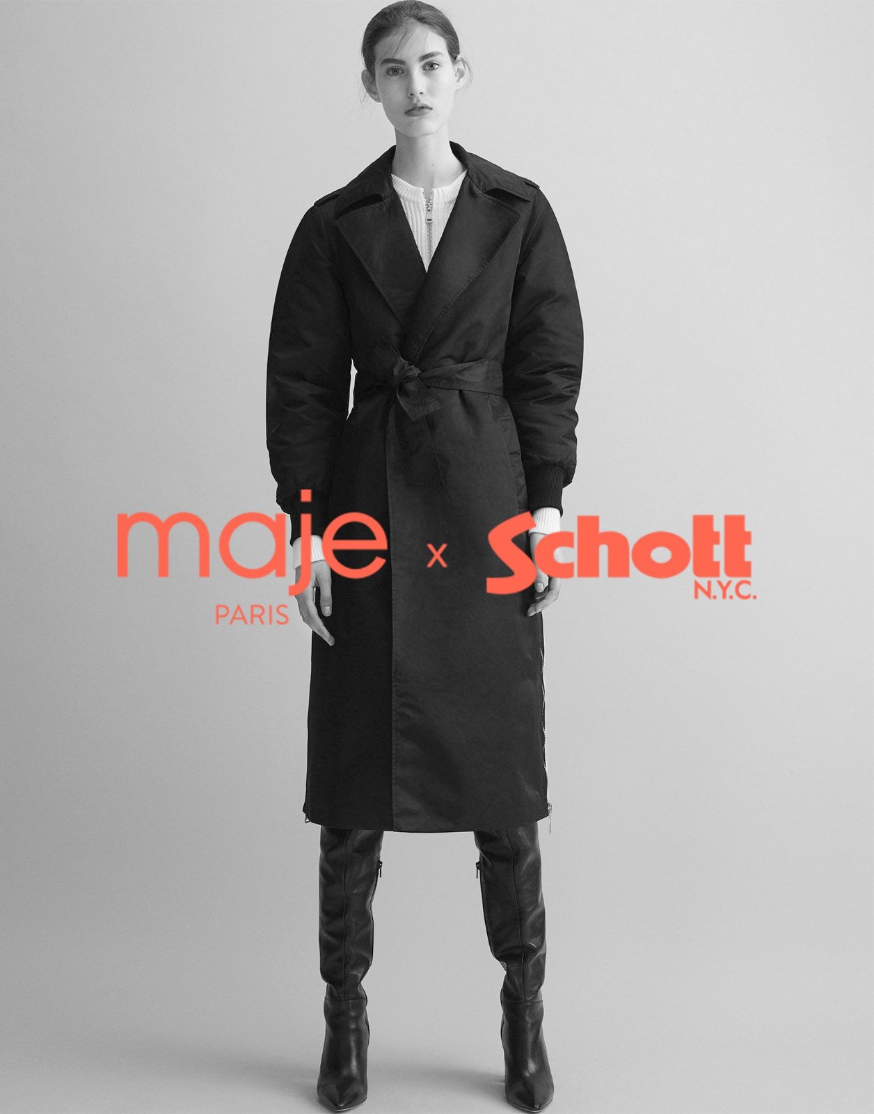 MAJE PARIS × SCHOTT NWC | ' GOODWIN ' BOMBER STYLE TRENCH COAT IN BLACK
