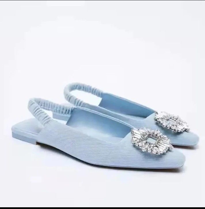 ZARA Sling back denim flats with sparkly jewels