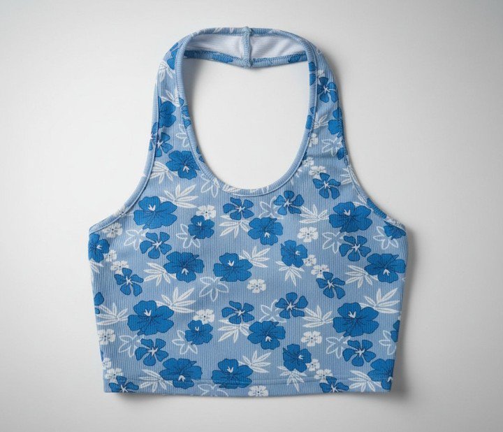 Crop top dos nu bleu au motif floral 