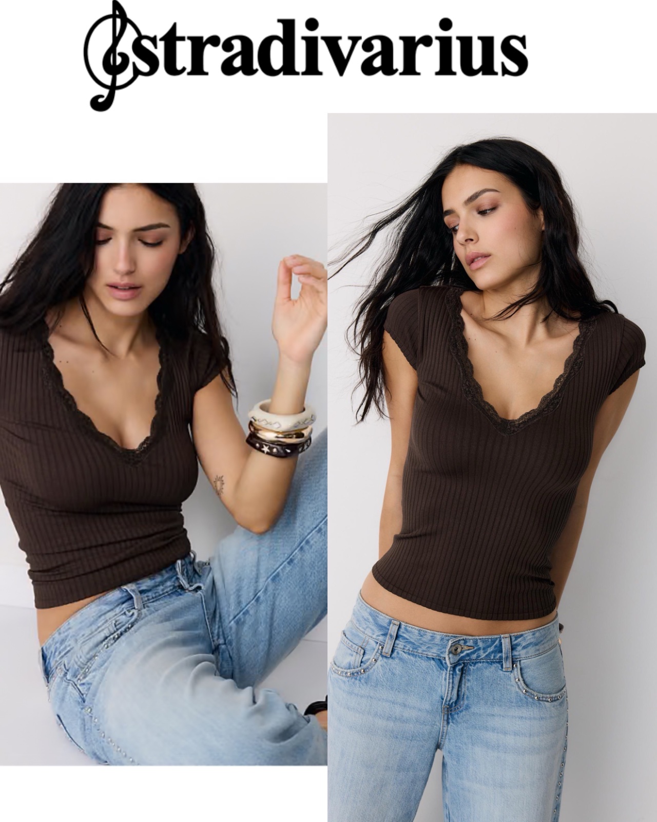 🤎 Top côtelé marron avec dentelle