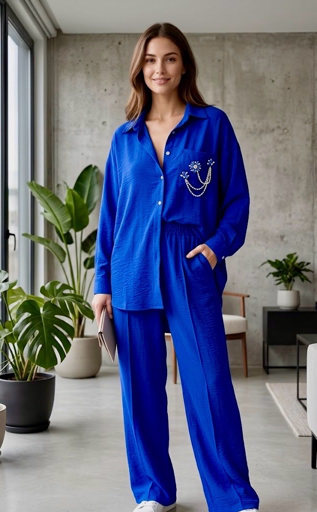 Ensemble Chic Flou 2 Pièces – Bleu Royal Intense avec Poche Brodée Bijou