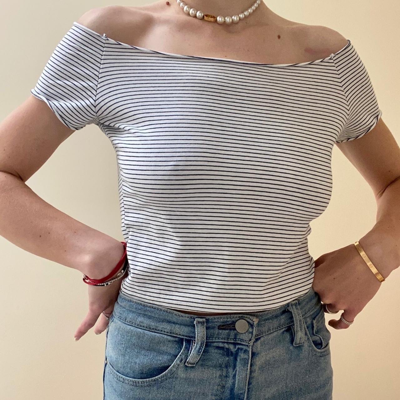 Crop top bardot rayé noir et blanc, taille S