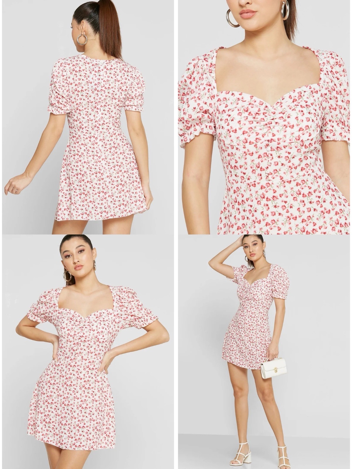 Robe fleurie rose & blanche – Coupe cintrée et manches bouffantes 🌸