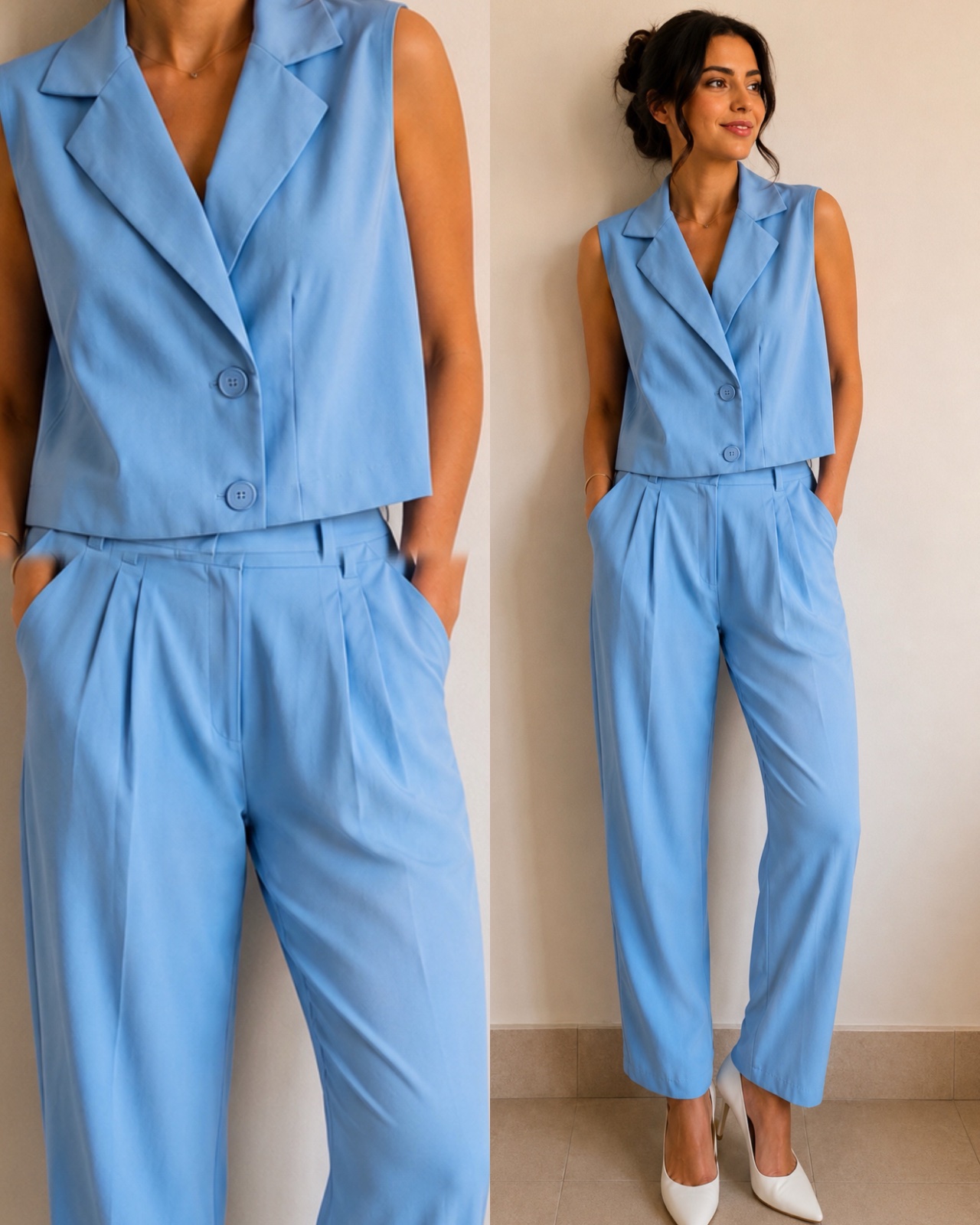 Ensemble chic bleu ciel – Gilet sans manches + Pantalon taille haute