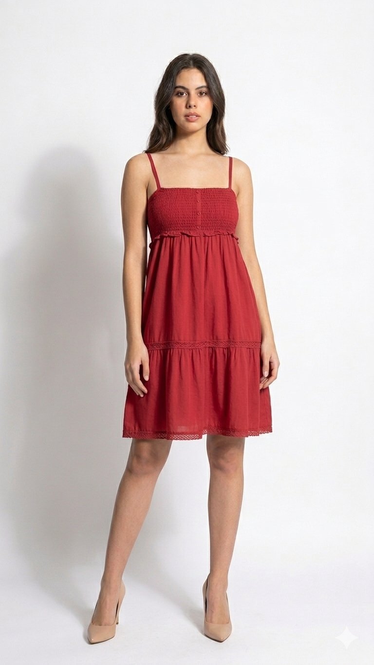 Robe rouge été – bretelles, buste serré (élastique), tombé évasé – ceintures dentelle & boutons déco – parfaite pour la plage