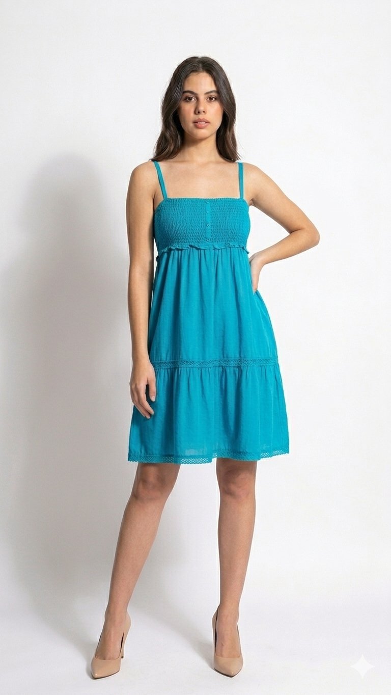 Robe bleue été – bretelles, buste serré (élastique), tombé évasé – ceintures dentelle & boutons déco – parfaite pour la plage