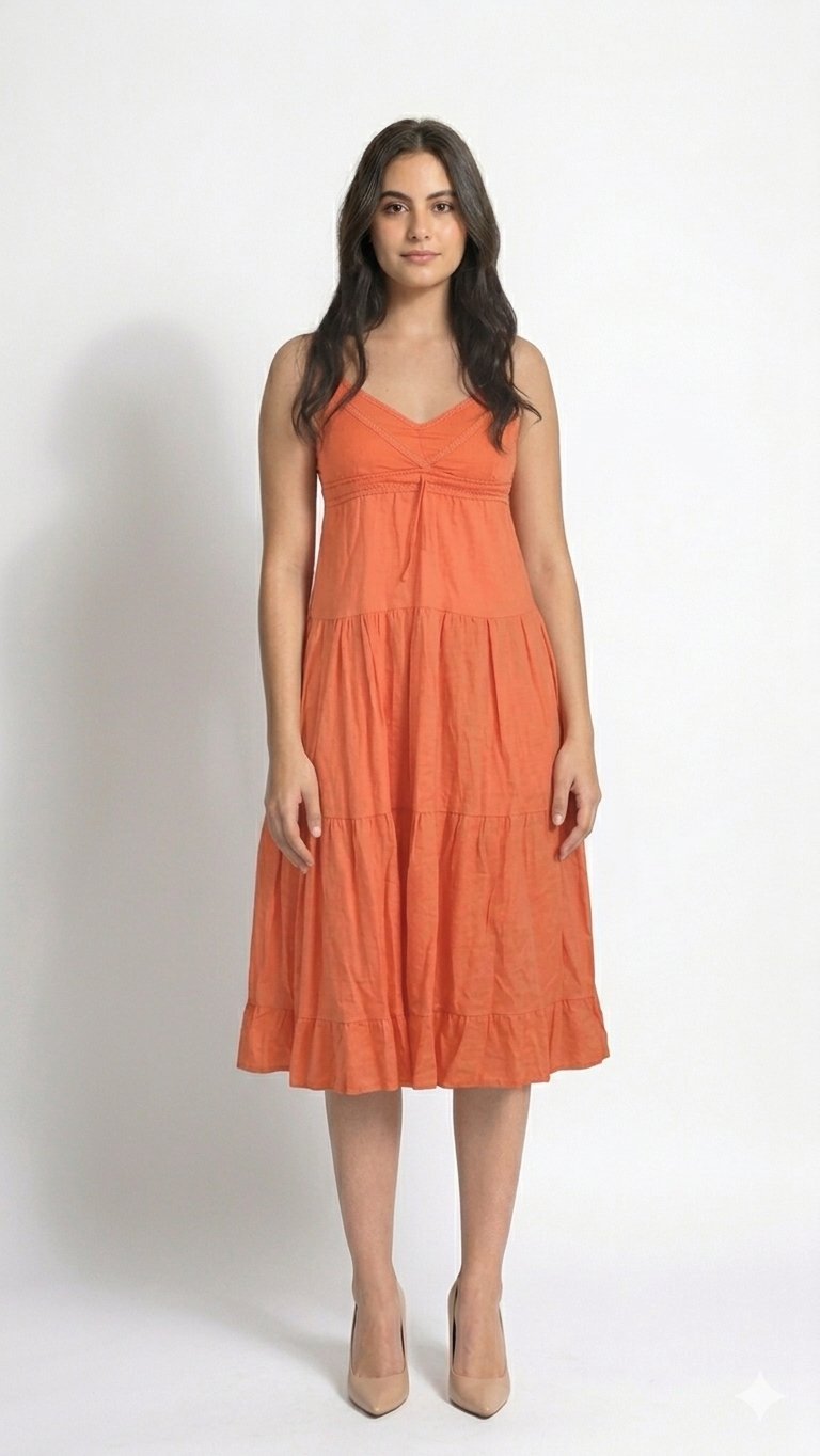 Robe orange – haut en V très sexy, longueur cheville – buste ajusté, tombé fluide – parfaite pour soirée ou plage