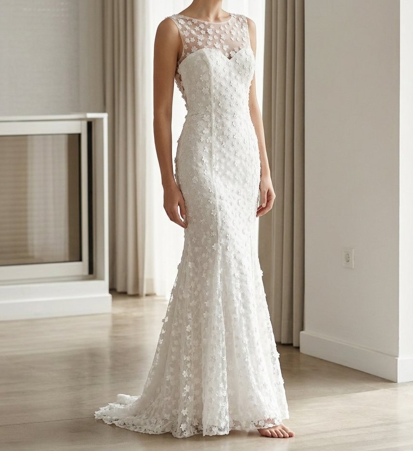 Robe blanche élégante, tissu de qualité supérieure et non transparent. 