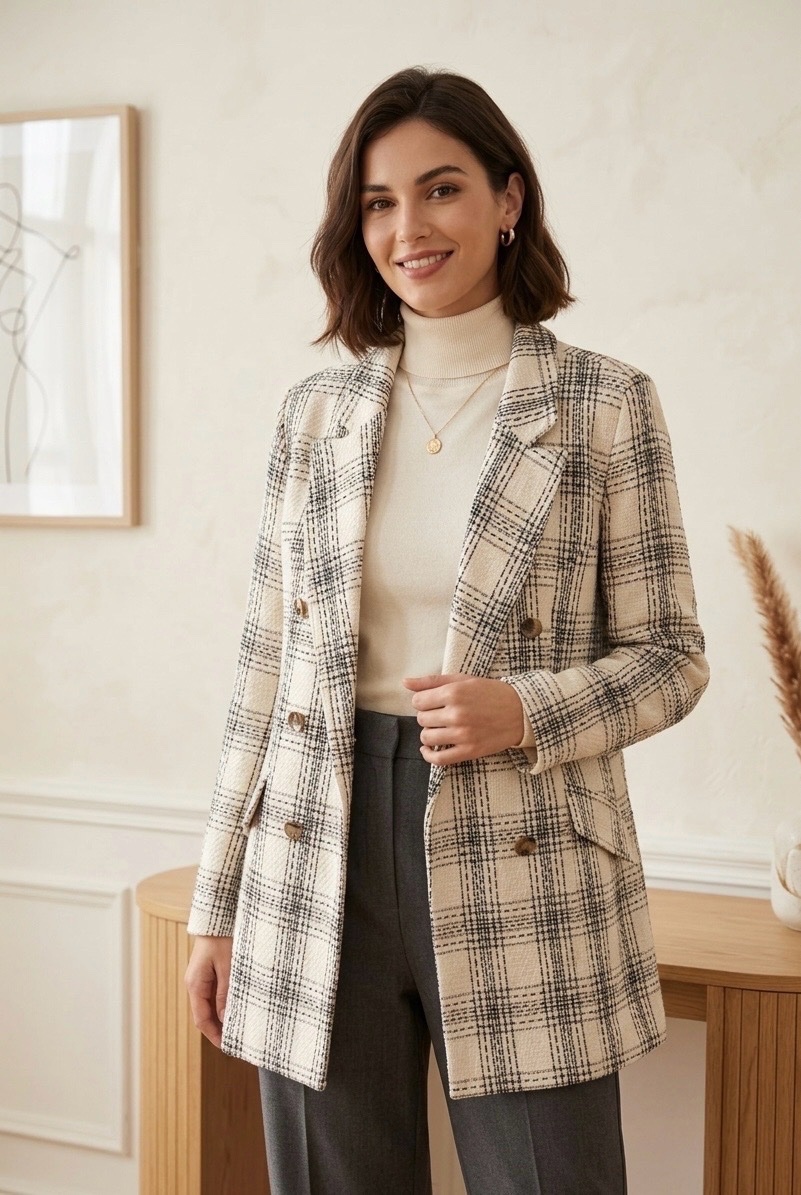 Jolie Veste Blazer Style Chanel à Carreaux