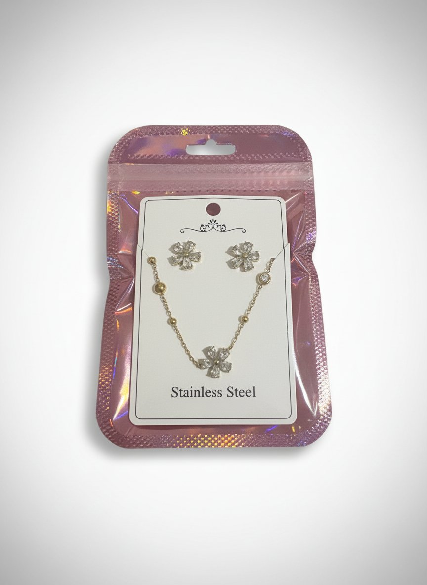 Parure Bijoux Fleur en Acier Inoxydable – Neuve
