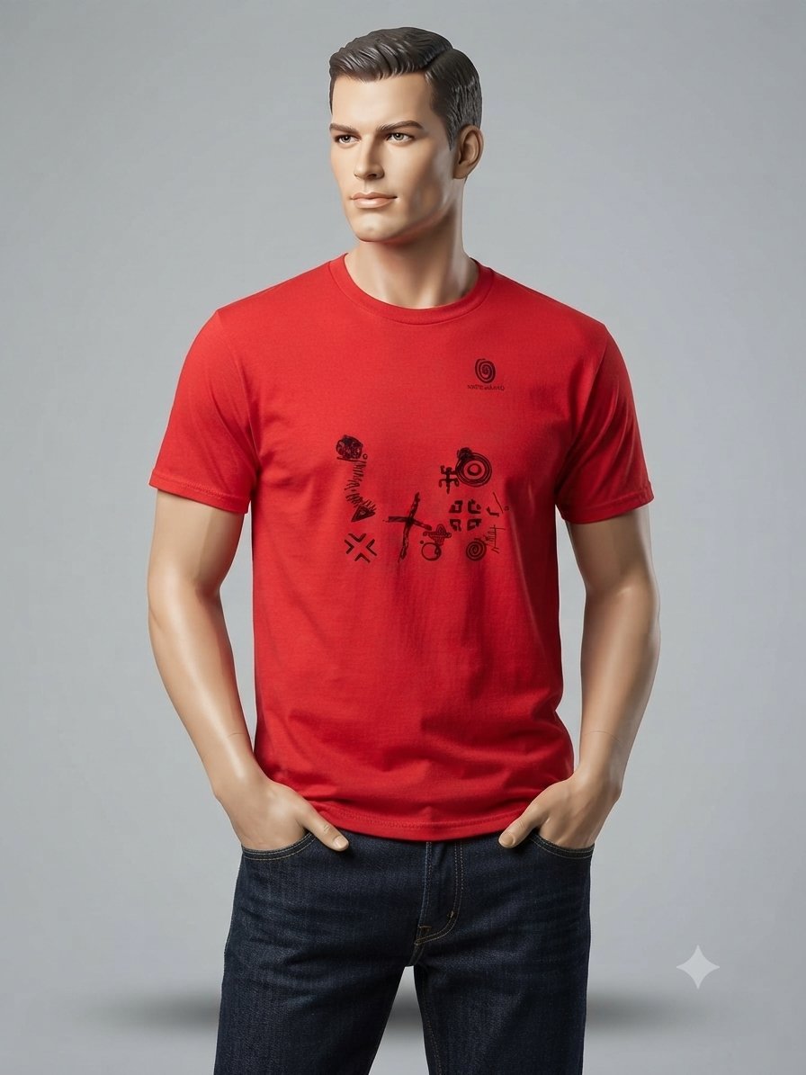 T-shirt rouge original avec symboles ethniques - Excellent état #ModeHomme #TshirtHomme #StyleUnique #LookCasual #OOTD #RedTshirt
