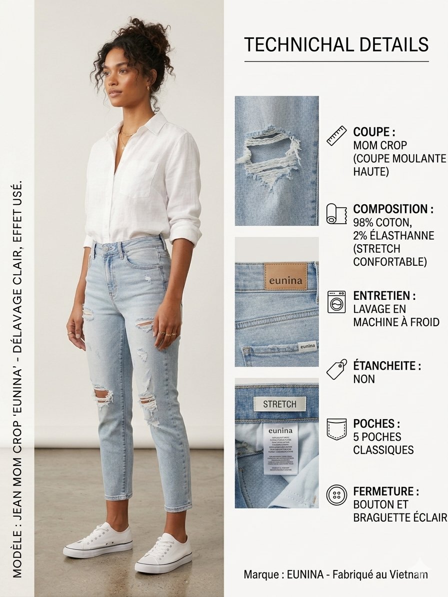 Jean Mom Crop EUNINA Neuf avec Étiquette – Taille 3 (36 TND) – Délavage Clair