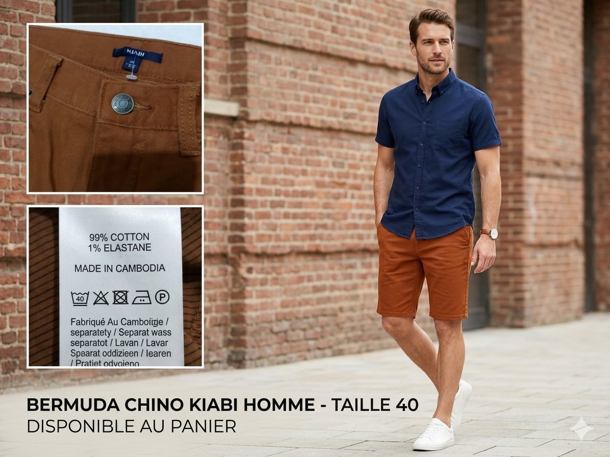 Bermuda Chino Kiabi Homme - Terracotta / Marron Tabac - Taille 40 - Neuf avec étiquettes - Matière : 99% Coton, 1% Élasthanne (tissu sergé confortable et légèrement stretch).