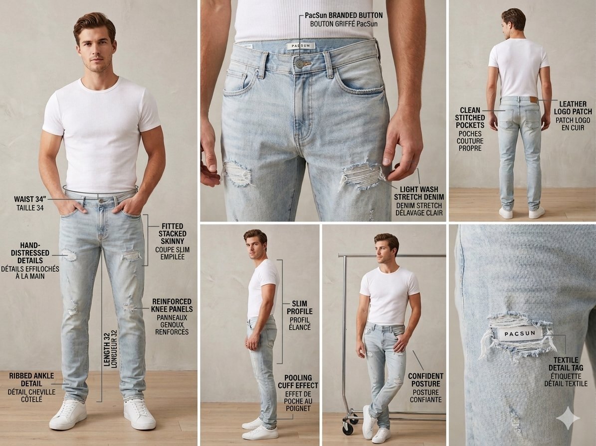 Jean Slim Stacked - PacSun - Délavé clair avec déchirures - Taille 34x32 - Très bon état ✨