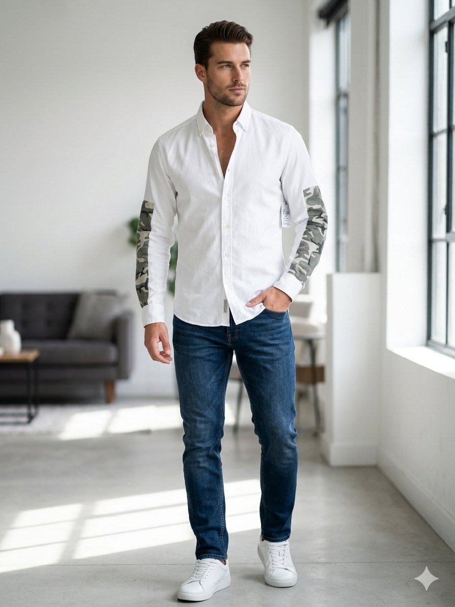 9amraya 🧥 Chemise Homme Niklas Frings Luxury – Blanche avec Manches Camouflage – 100% Coton Premium