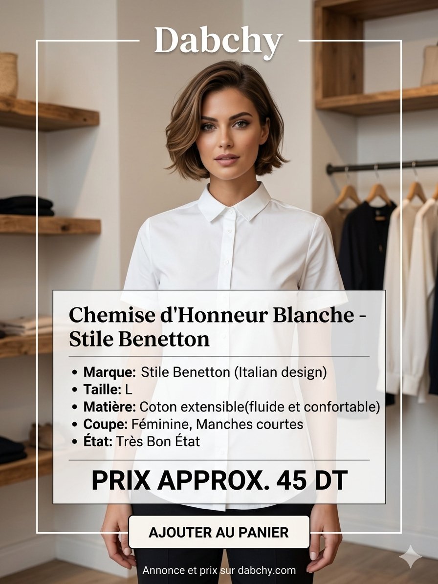 Chemise Blanche Classique - Stile Benetton (Taille L) | État Neuf | Coupe cintrée très féminine avec des manches courtes boutonnées #ne se froisse pas facilement