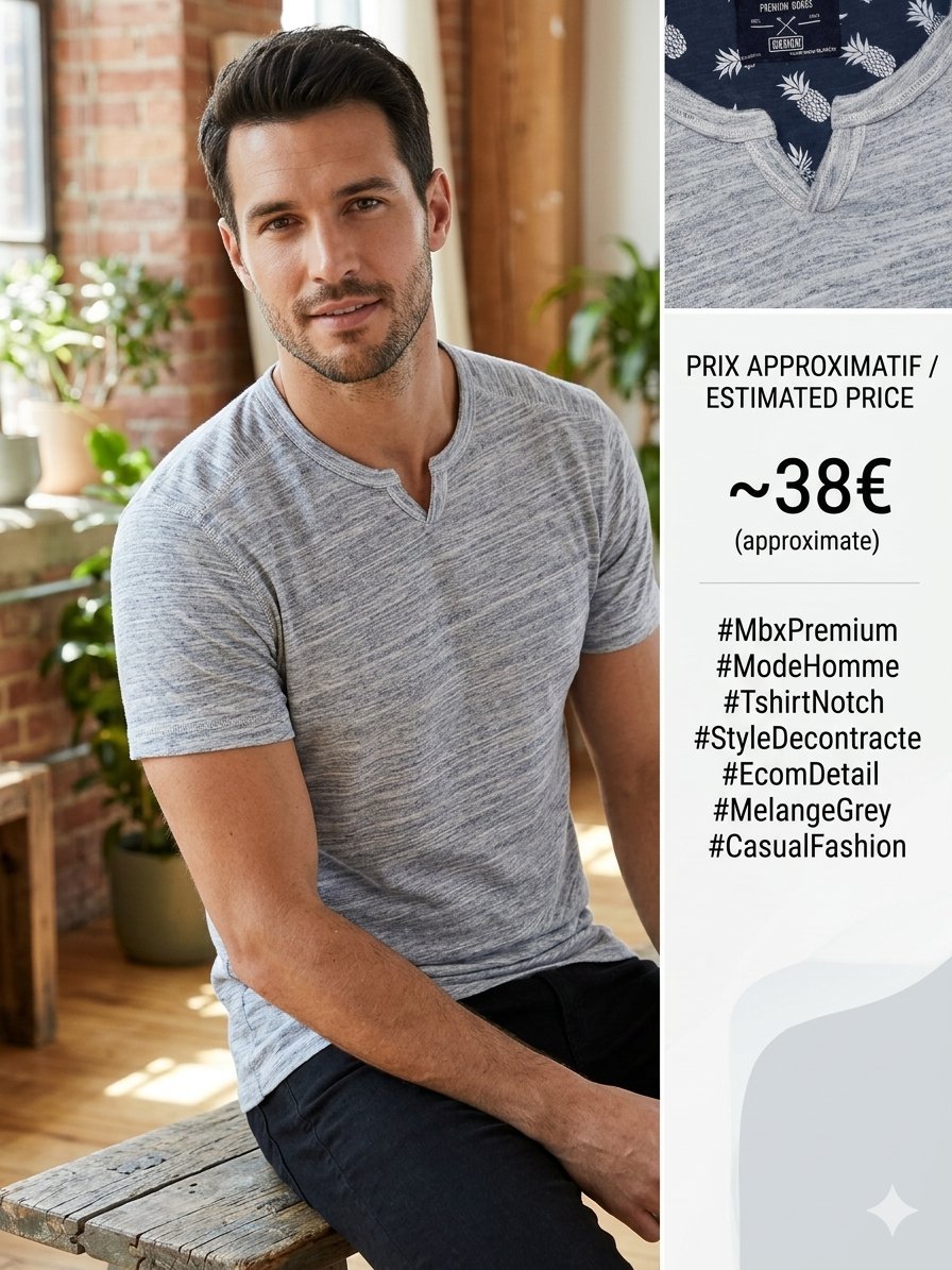 T-shirt Homme "MBX Premium" - Gris Chiné - Col Notch Original #MBXPremium #ModeHomme #TshirtNotch #StyleDecontracte #EcomDetail #MelangeGrey #CasualFashion #Dabchy #TenueHomme #LookCasual