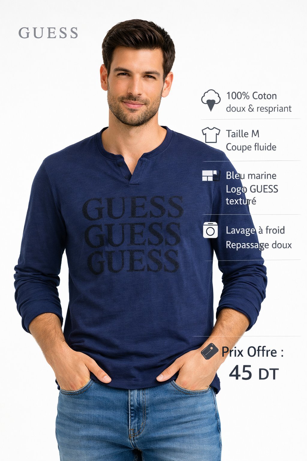 👕 T-shirt Guess bleu marine – Manches longues - Taille M - Très bon état