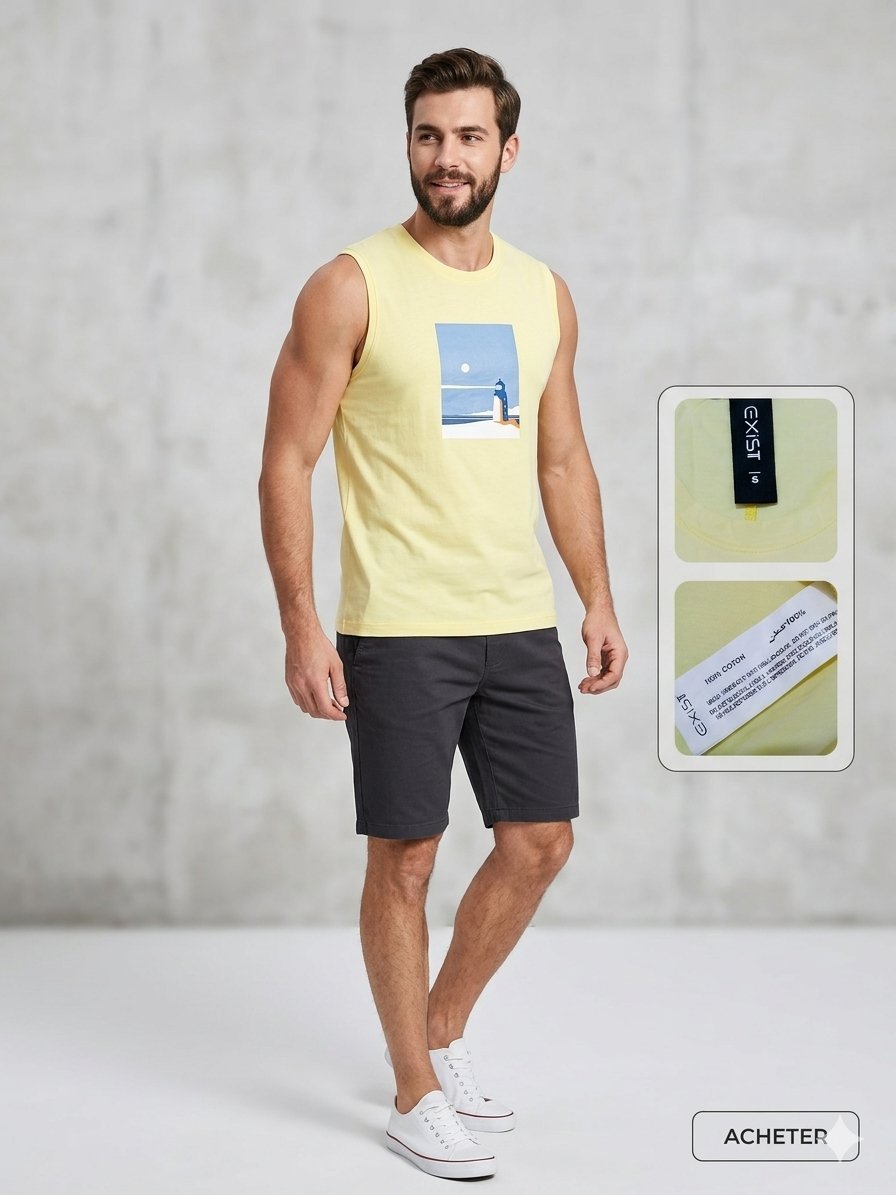 Débardeur Jaune Pastel EXIST Motif Phare – Taille S - État neuf jamais porté - Coupe débardeur (muscle tee) sans manches, parfaite pour la plage, les journées chaudes d'été, ou pour le sport.