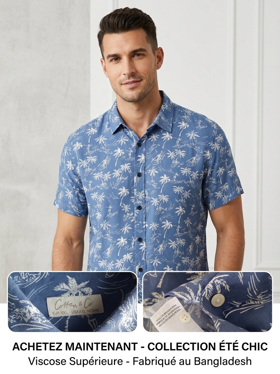 🌴 Chemise Hawaïenne "Cotton & Co" – 100% Viscose – Taille XXL - Excellent état ✨ Motif tendance : Imprimé palmiers et surfeurs blanc sur fond bleu ciel, très frais.