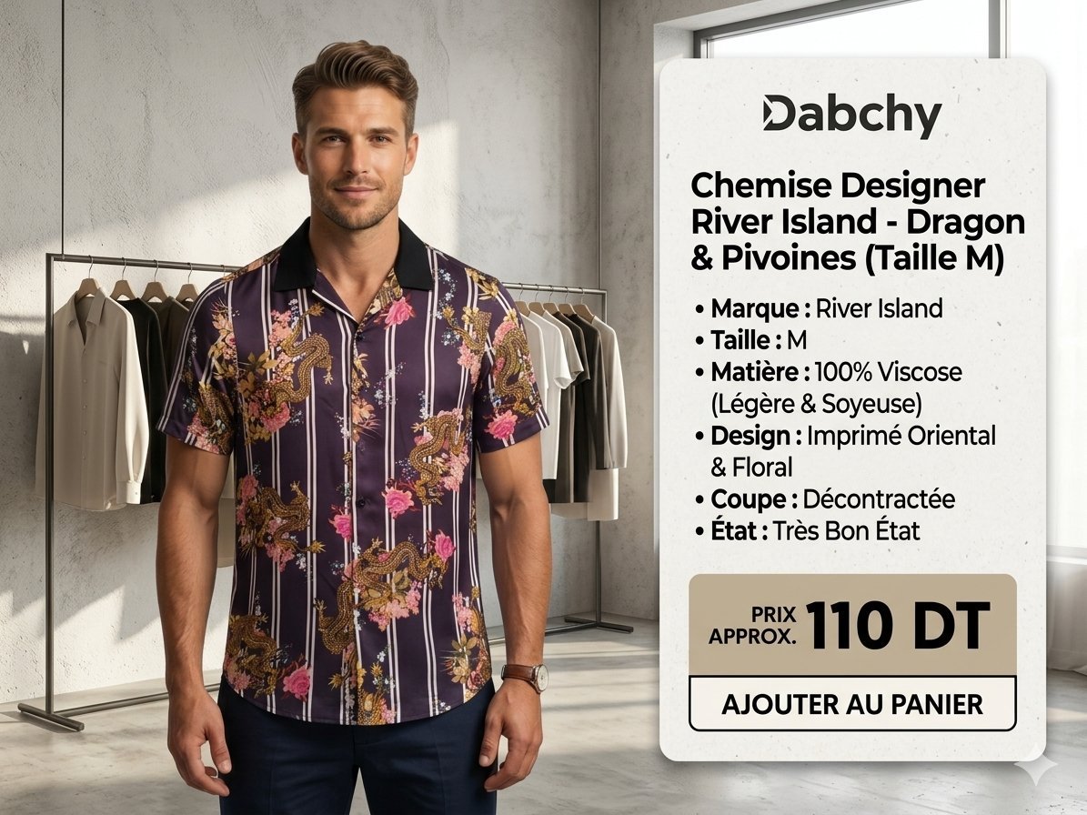 Chemise de Luxe River Island - Imprimé Dragon & Pivoines Taille M - État Neuf #Design Artistique - Un imprimé oriental magnifique | Col cubain (ouvert) noir "Retro-Chic" très tendance. Coupe décontractée mais bien structurée #Dragon & Pivoines