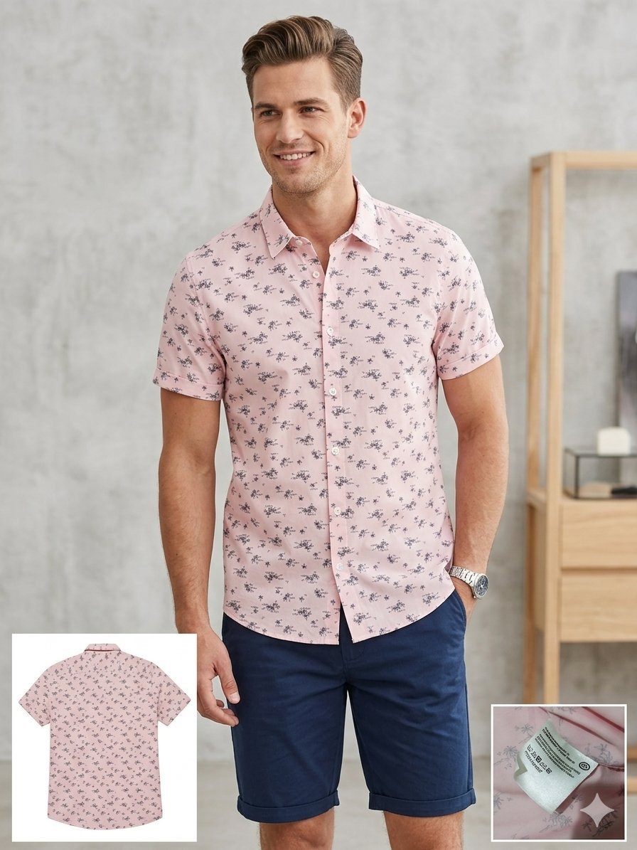 Chemise légère Angelo Litrico - Rose à motifs "Palmiers" - Taille L État - Impeccable #lookestival #chemiseprint #modehomme #tenuedété #ootdmen #dressinghomme #stylecasual #chemisecoton