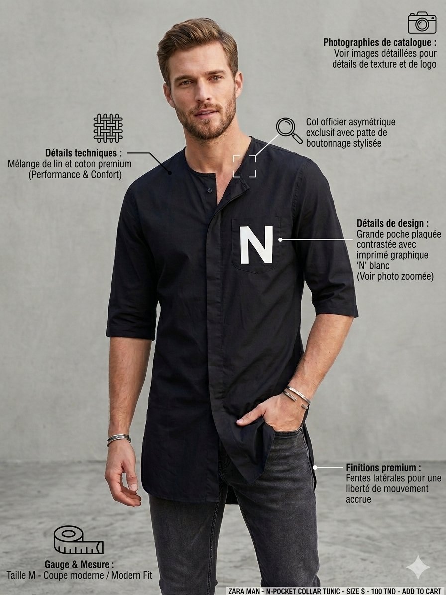 🎯 STYLE – Tunique / Chemise ZARA Man – Col Officier – Taille S - Parfait État comme neuf - Coupe ajustée et fluide, style tunique asymétrique plus longue à l'arrière).
