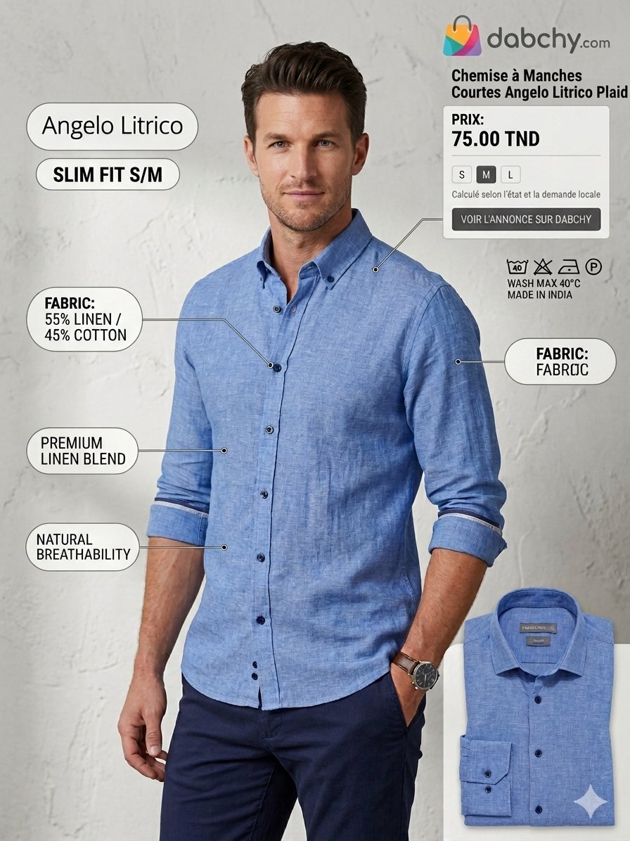 Chemise en lin bleue Angelo Litrico 9amraya ⭐ (Taille S/M) - Coupe Slim - Excellent état ✨🔥Coupe Slim Fit (Ajustée et très moderne) / Couleur Bleu azur - lin chiné​ #ChemiseLin #ModeHomme #StyleCasual #LinPremium #DabchyTunisie #VideDressingTunisie