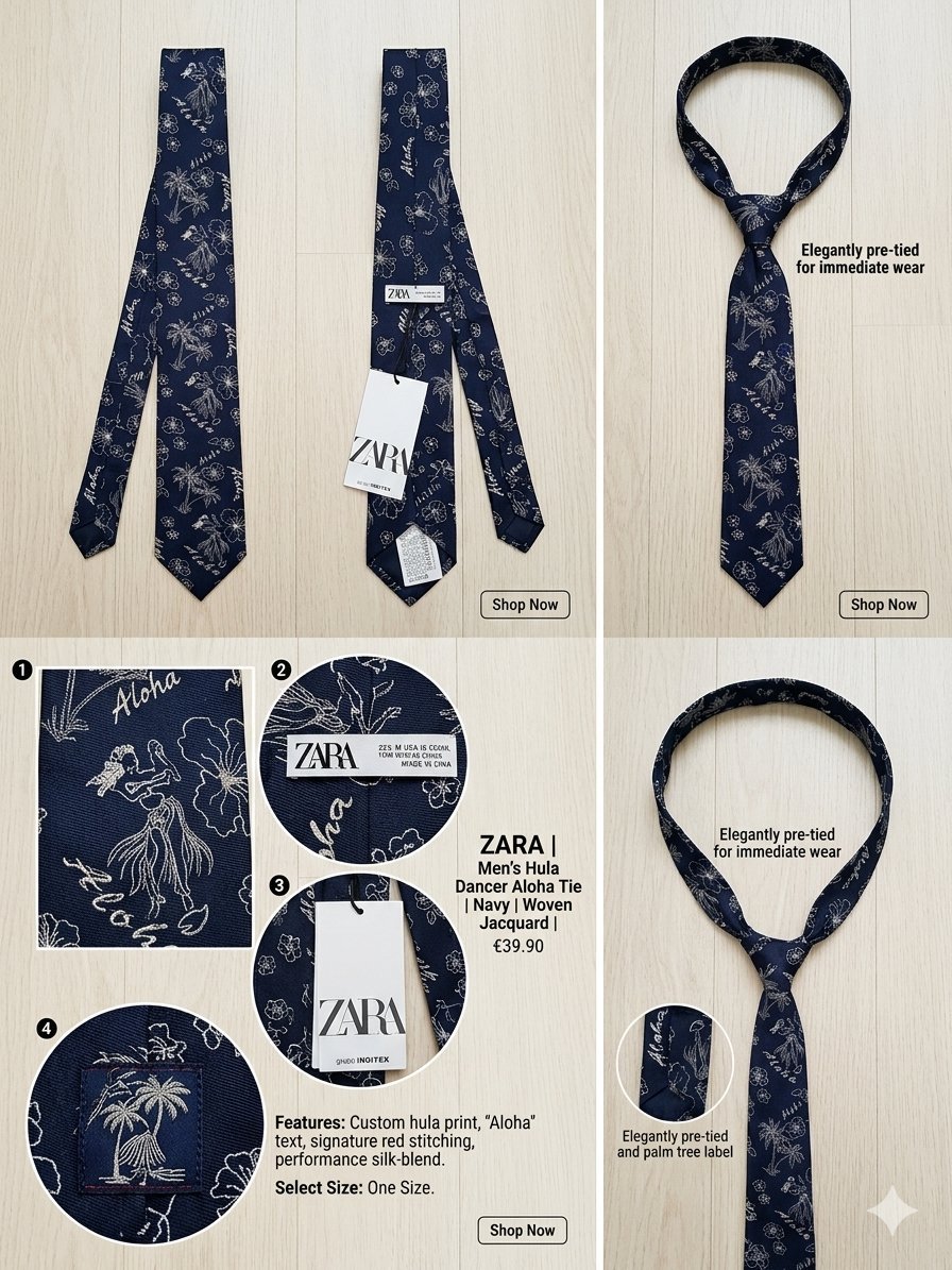 Cravate ZARA Fine Slim – Motif Floral "Aloha" Bleu & Blanc – Neuve